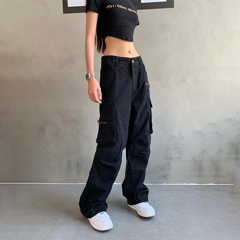 Y2K High Street Denim Cargo Pants Women Gray Big Pocket Slim Female Straight Pants High Waist Vintage Casual Lady Baggy Trousers