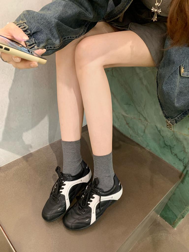 Cowhide version~ grape ma inner height increase 3cm fashionable color scheme lace-up round head splicing German training shoes women's casual spor