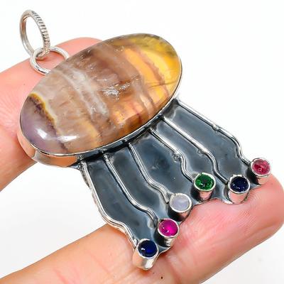 Natural Fluorite, Diopside Gemstone 925 Sterling Silver Pendant 2.25" Z3C87
