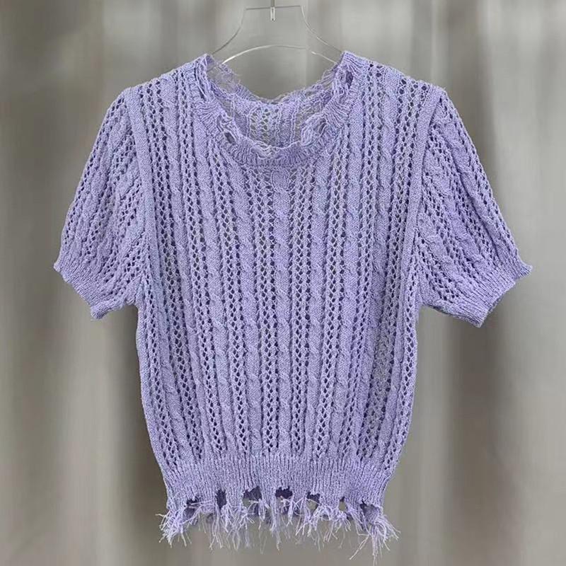 

Striped Color Collision Hollowed Out Short-sleeved Knit Sweater Female Summer Lazy Ageing Versatile Top Tide Casual Essential Slim Fit Pullovers Tees One Size фіолетовий