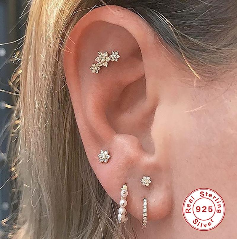 S925 Sterling Silver Five-Petaled Flower Flat Head Internal Thread Puncture Cartilage Stud Earrings, Earrings, Ab Colored Diamond Earrings