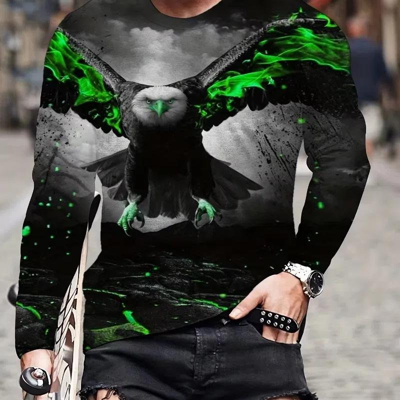 Moda Aquila Stampa Digitale 3D T-Shirt Casual Comoda a Maniche Lunghe Autunno Abbigliamento Fantasia da Uomo Top Regali da Uomo