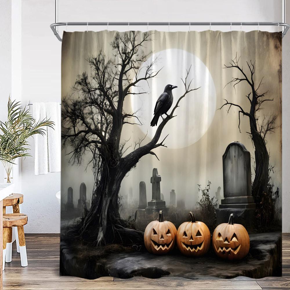 Halloween Shower Curtain Dark Forest Haunted House Graveyard Pumpkin Lantern Ghost Spooky Bathroom Decor Halloween Bath Curtain