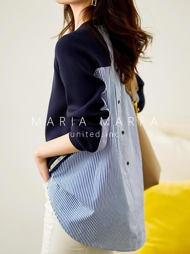 Maria Marfa Switch Sweatshirt Pullover Light No Long Navy Loose Everyday Korean Docking Mixed-Material Blouse, Striped, Spring/Summer, Stylish, Cool,