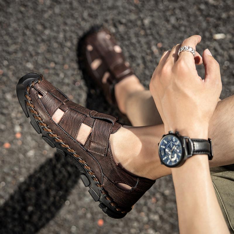 Summer Men's Closed Toe Large Size Genuine Leather Casual Sandals Mens Closed Toe Sandals