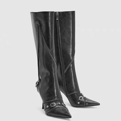 Fashion Rivet Women's Boots 2024 Long Tube Boots Pointed Thin Heel Temperament High Heels Versatile Side Zipper Casual Women's Boots