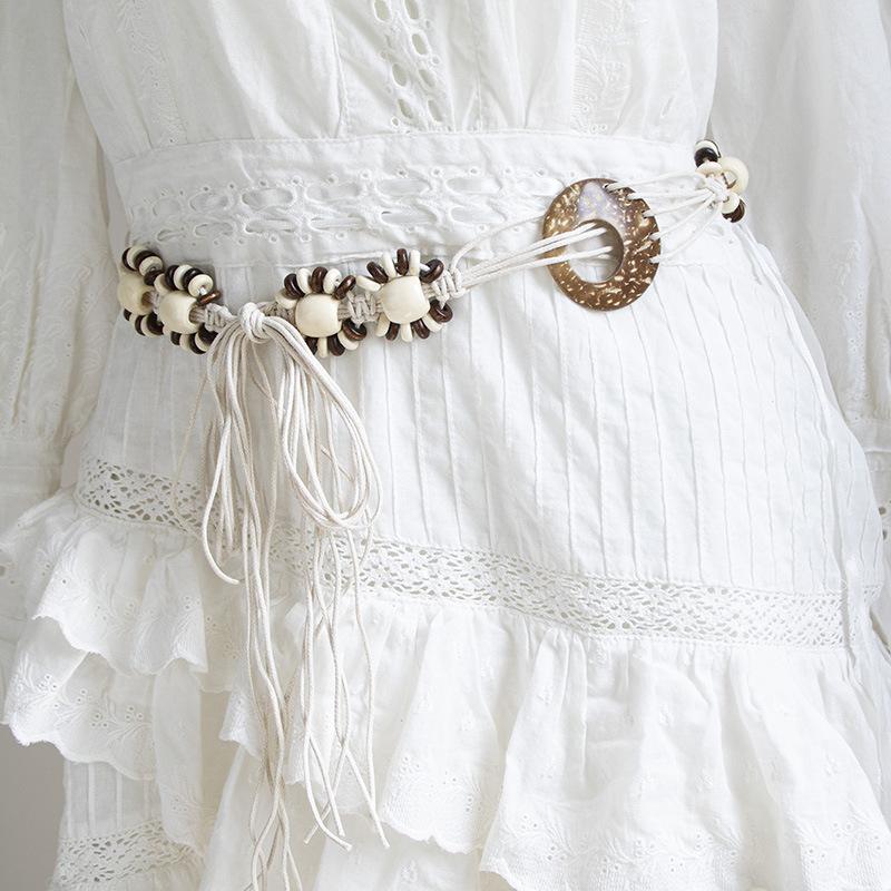 Boho Belt, Coconut Shell, Wood Beads, Hand-woven Natural Vacation Style Wax Rope for Women's Belt, Ethnic Style Waist Rope