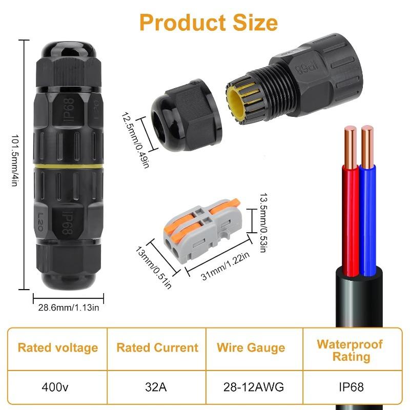 10-Pack IP68 Waterproof 2 Pin Electrical Cable Connector, Outdoor 2 Way Junction Box 4-10mm Adjustable Wire Box, with Replaceable 1 In 2 Out Lever
