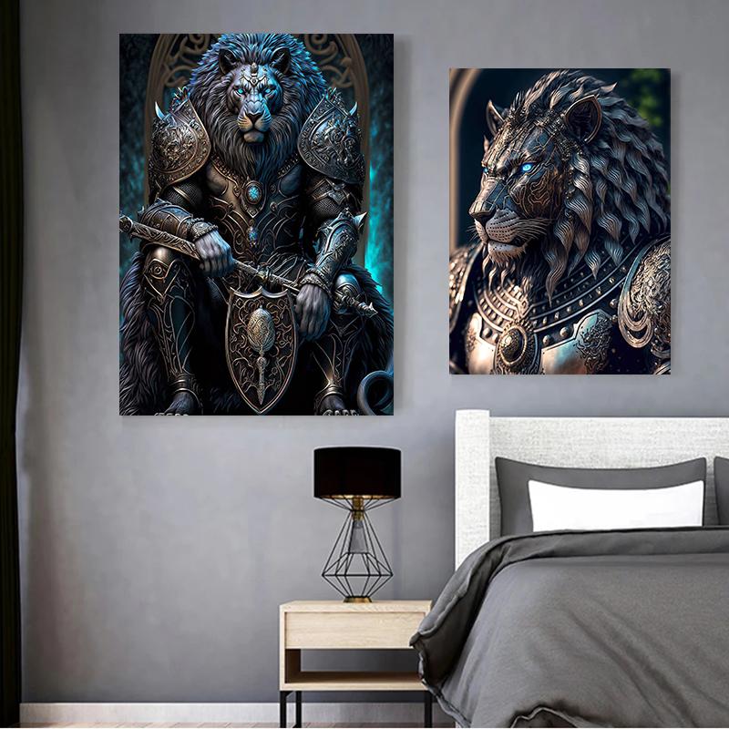 Affiches et impressions de lion fantastique Statues d'animaux modernes Peinture sur toile Art mural Images pour salon Décoration de la maison