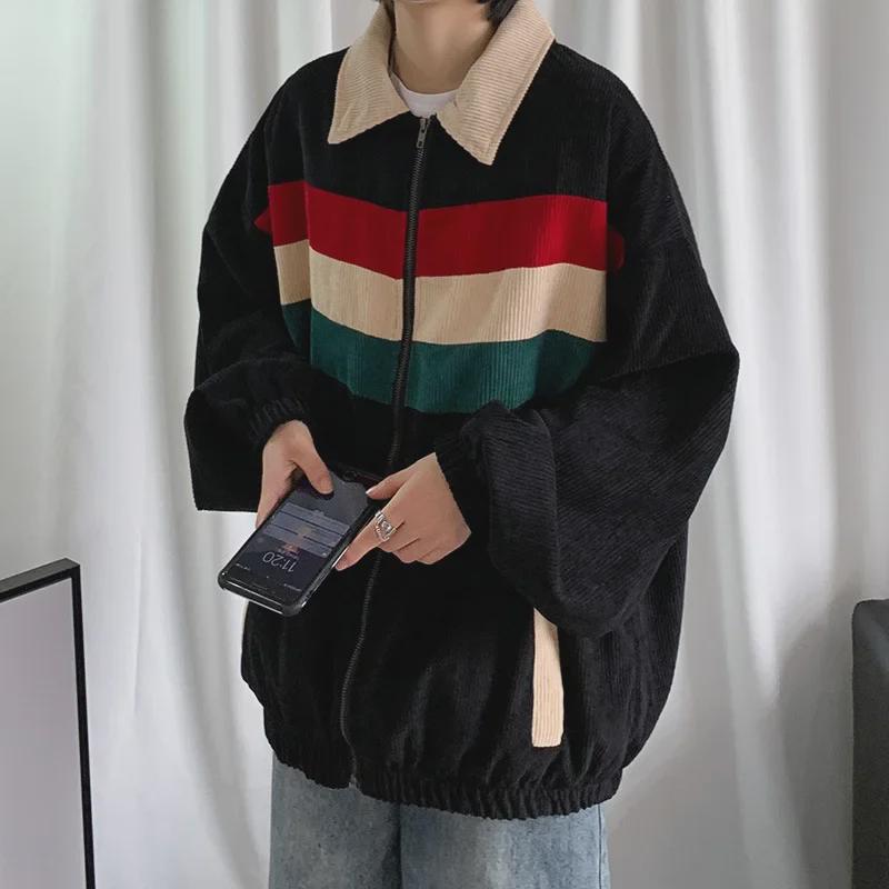 Men's Versatile Korean Corduroy Jacket – Spring/Autumn Contrast Color, Loose Fit Casual Top