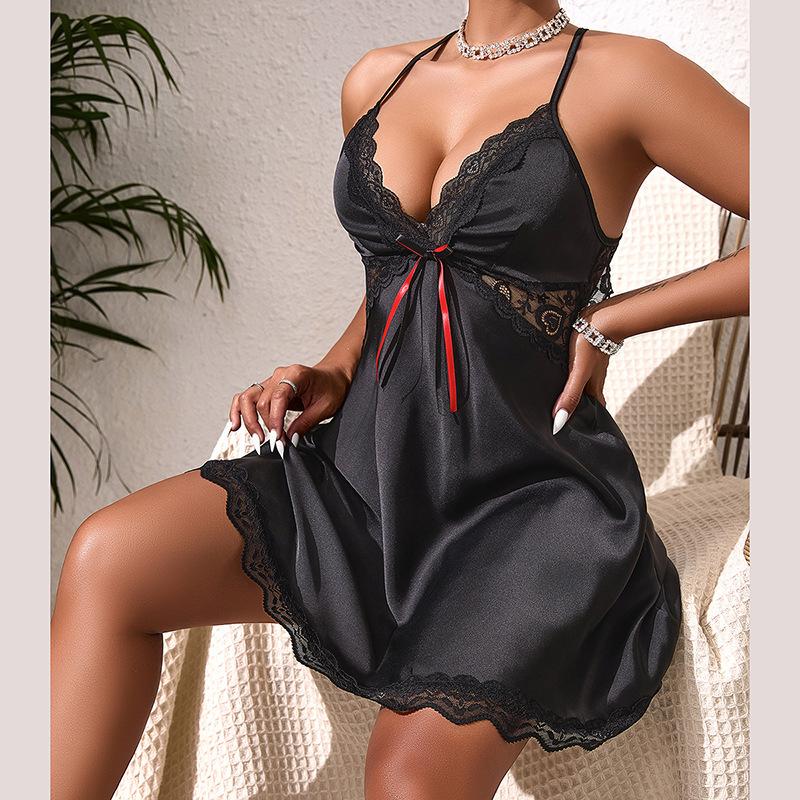 Premium Vacation Style Lace Cami Nightgown Chest Bow Skin-Friendly Elegant Sleepwear 897 Lightweight Stylish Loungewear Perfect for Honeymoon Getaways