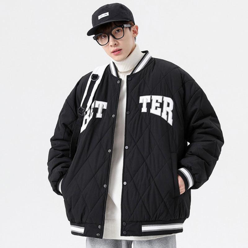 

Autumn and winter men s baseball cotton-padded clothes trendy short cotton-padded jackets piled and thickened rhombus lamb wool cotton-padded jackets M