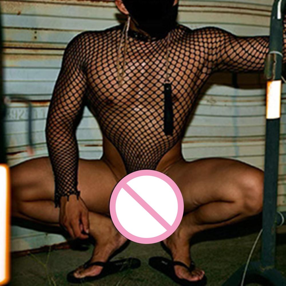 Husband Night Club Wear Male Nightwear Sissy Gay Fishnet Bodysuit O Neck One-piece Jumpsuit Male Porn Underwear Fashion Lingerie