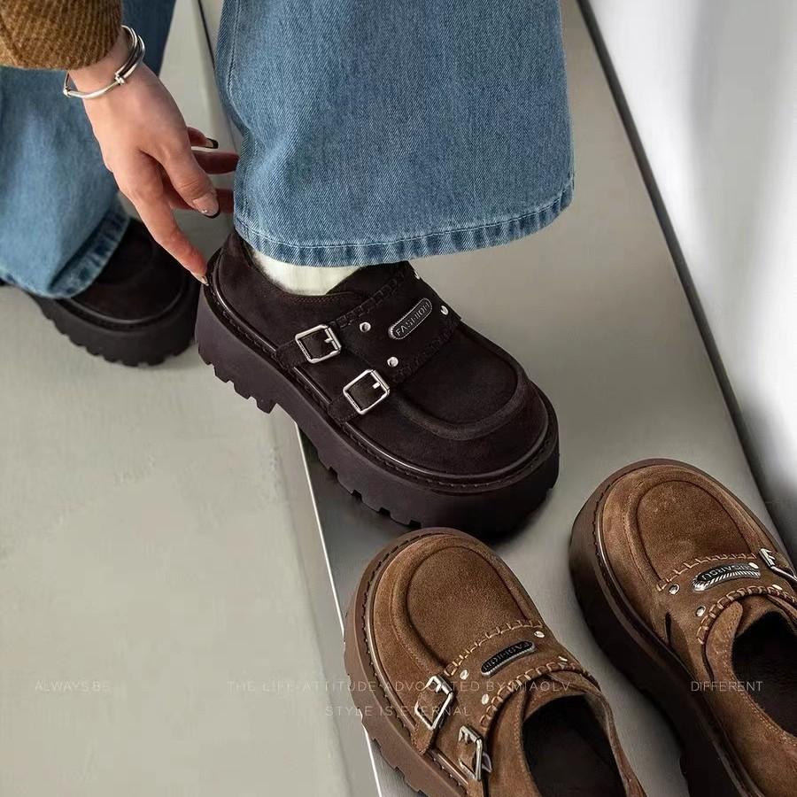 Vintage Maillard thick-soled round head deep-mouth single shoes women's 2025 winter new versatile height-increasing college style loafers