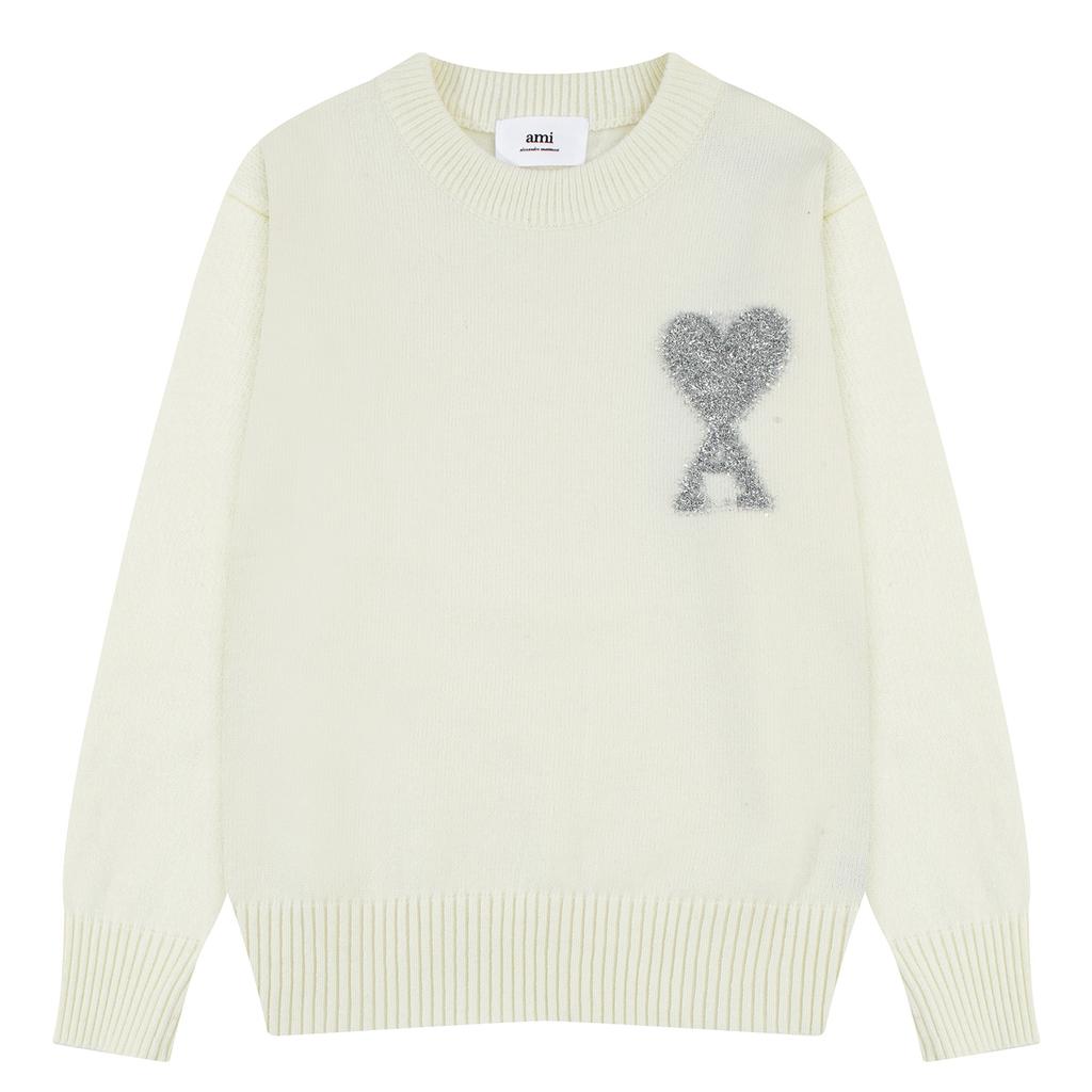 AMI New Autumn and Winter Silver Love Alpaca Wool Blend Soft and Sticky Knit Couple's Round Neck Sweater