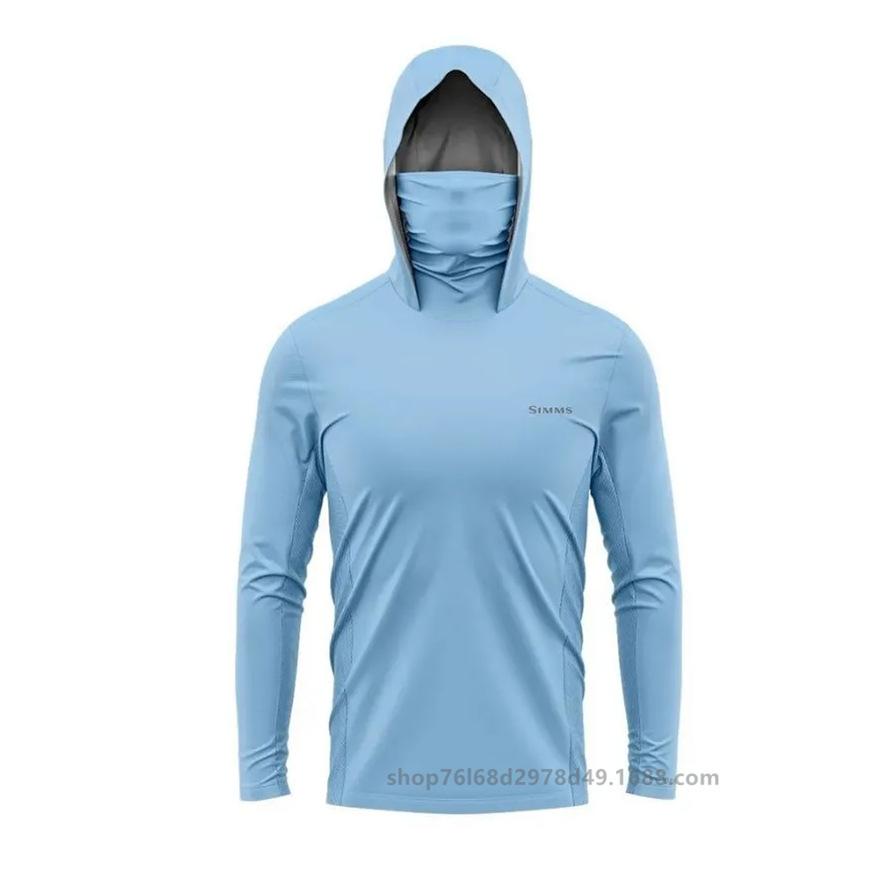SIMMS T-shirt da pesca felpa con cappuccio manica lunga maschera integrata abbigliamento protezione solare outdoor UPF50 + con cappuccio e maschera