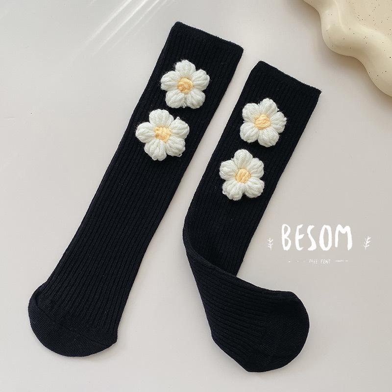 Girls' Korean-Style Mid-Calf Socks with Little Flower Design - Trendy Solid Color Scrunched Knit Knee-Highs (Heel-Less)