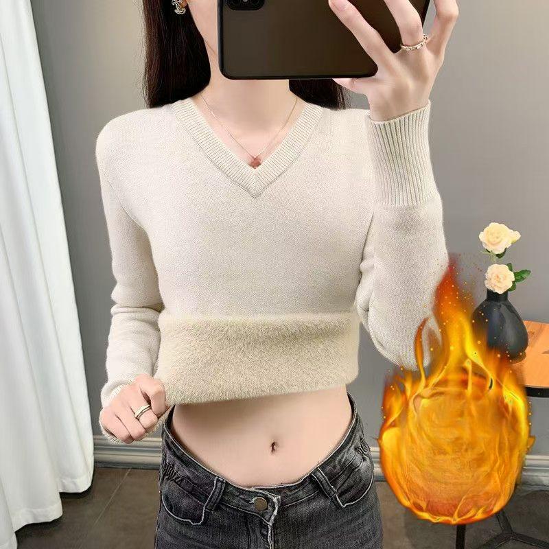

Женский свитер с V-образным вырезом, осенне-зимний, плотный вязаный свитер с добавлением бархата, длинный рукав, однотонный теплый пуловер XL бежевый