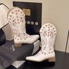 PU Stickerei Blockabsatz Moderne Stiefel Mittelhoher Absatz Mid-Calf Damen Schuhe im Angebot 2025 Marke Spitzschuh Einfarbig Ethnisch Damenstiefel