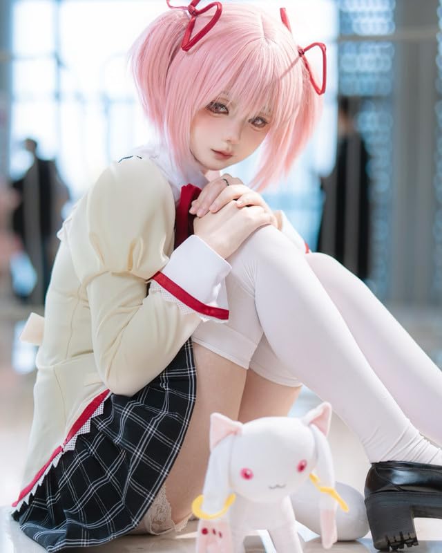 Kaname Madoka Cosplay Costume with Wig Puella Magi Madoka Magica Mitakihara Municipal Junior High School Uniform Set Long Sleeved Costume Everyday