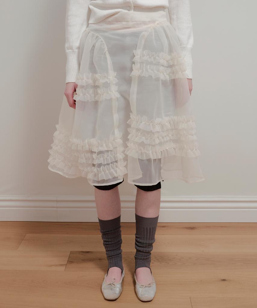 Aobteu Organza Frill Layered Skirt - Cream