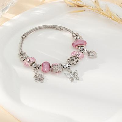 Handmade Beaded Bracelet With Leaf Butterfly Pendant Alloy Charms Crystal Glue Rhinestone Wristband