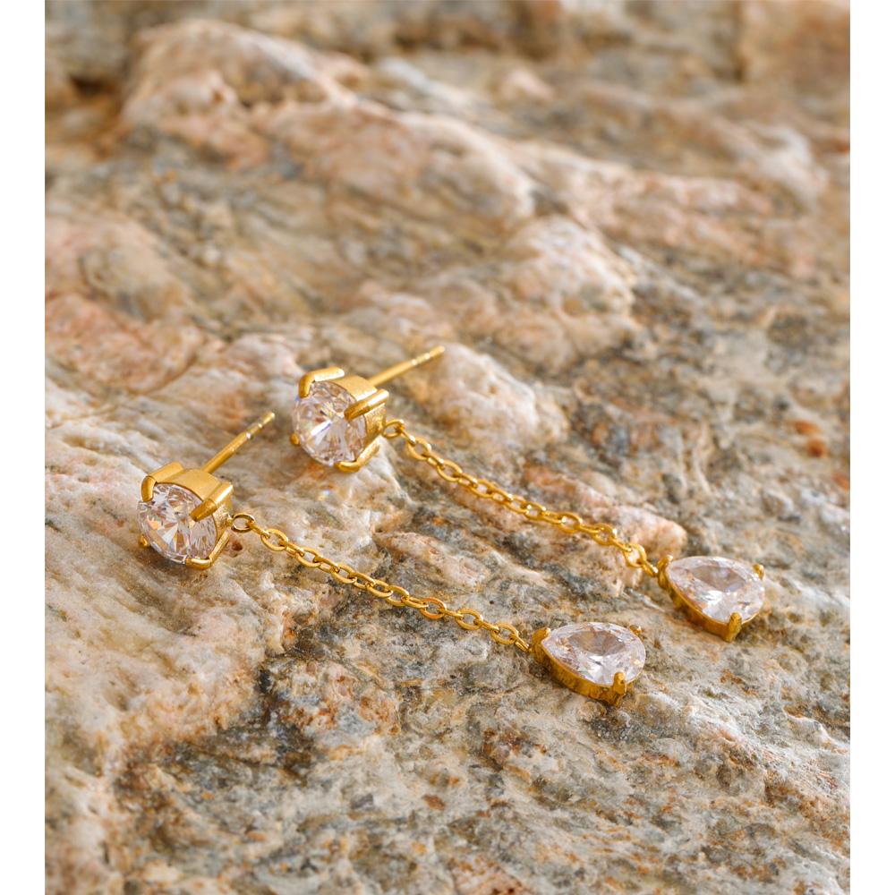 Yhpup Cubic Zirconia Chain Water Drop Dangle Earrings Trending Golden Stainless Steel Delicate Korean Chic Jewelry Accessories