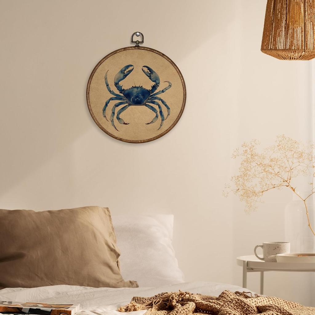 XBBMGG Rustic Coastal Blue Crab Wall Art Deco, Coastal Granddaughter Crab Round Wall Hanging Decor, Ocean Framed Canvas Prints for Nursery Living