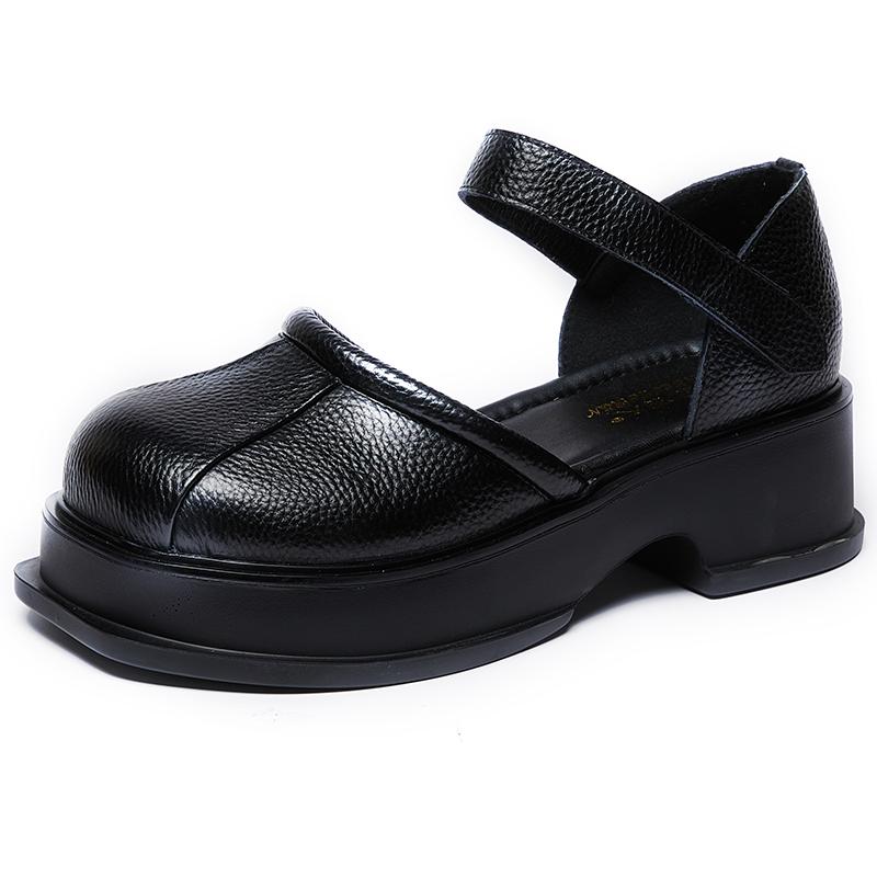 Fashion GKTINOO  Platform Sandals Women Hook&Loop Round Toe Genuine Leather Roman Casual Thick Soled Summer Ladies Shoes