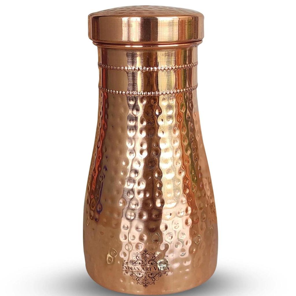 Pure Copper Bedroom Water Bottle with Inbuilt Glass, Hammered Shine Design, Drinkware and Storage Purpose, 1 Litre (Pack of 2)