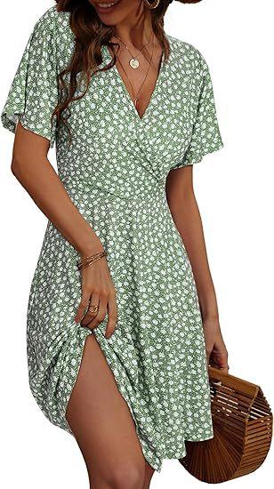 Ladies Suspender Skirt Summer Flower Short Sleeve Wrap V-Neck A Line Medium Length Dress Print
