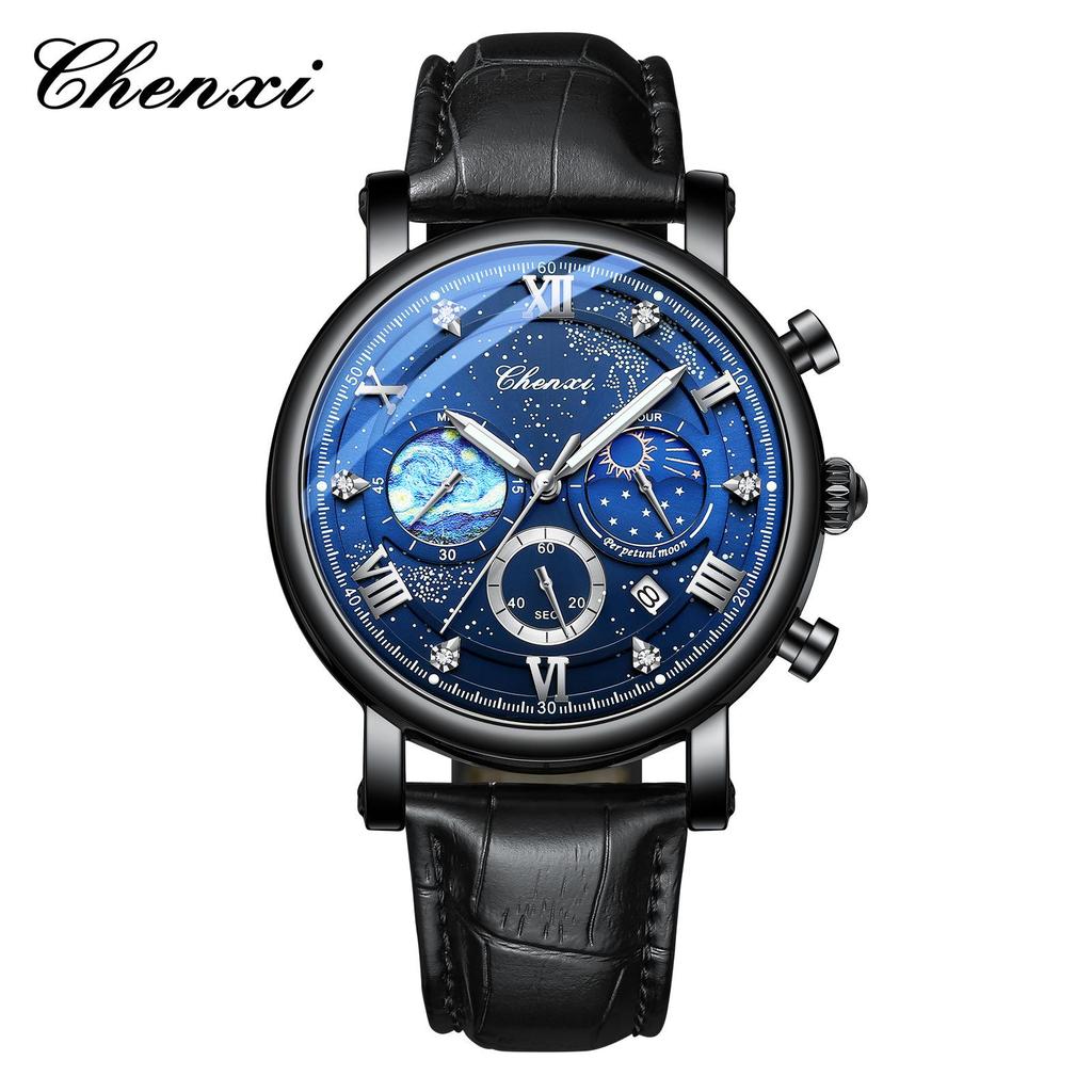 Dawn Sun Moon Stars Multifunctional Men's Quartz Watch with Luminous Moon Phase Chronograph