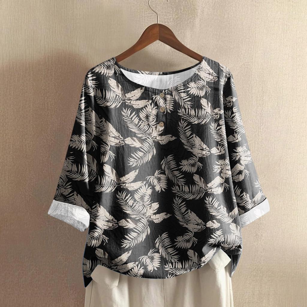 Women's Casual Three-quarter Sleeve Round Neck Gradient Color Printed Cotton And Linen Top