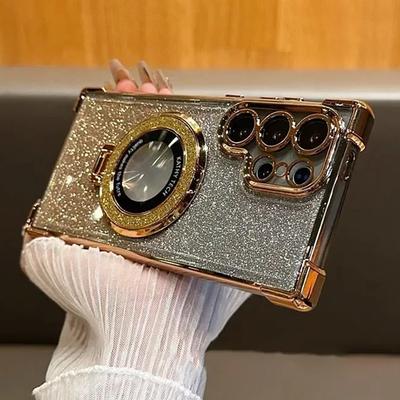 Błyszczące etui na telefon z magnetycznym stojakiem do Samsung Galaxy S26 S2 S24 S 26 Ultra Plus S26Ultra Posrebrzany zderzak Odporna na wstrząsy osłona