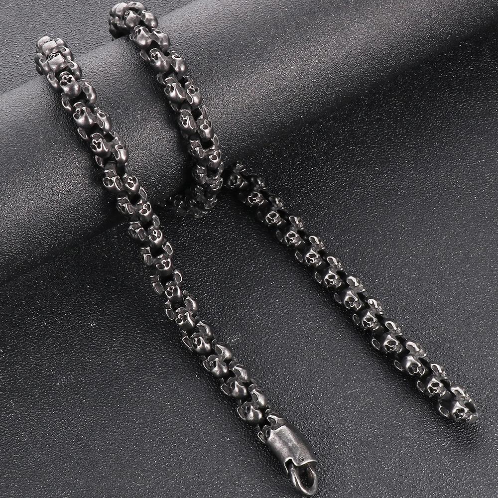 Punk Gothic Herren Halskette mit allen Totenkopfköpfen Gliederkette Massiver Edelstahl Skelett Schmuck 50-70CM Lange Halsketten Halsband für Männer
