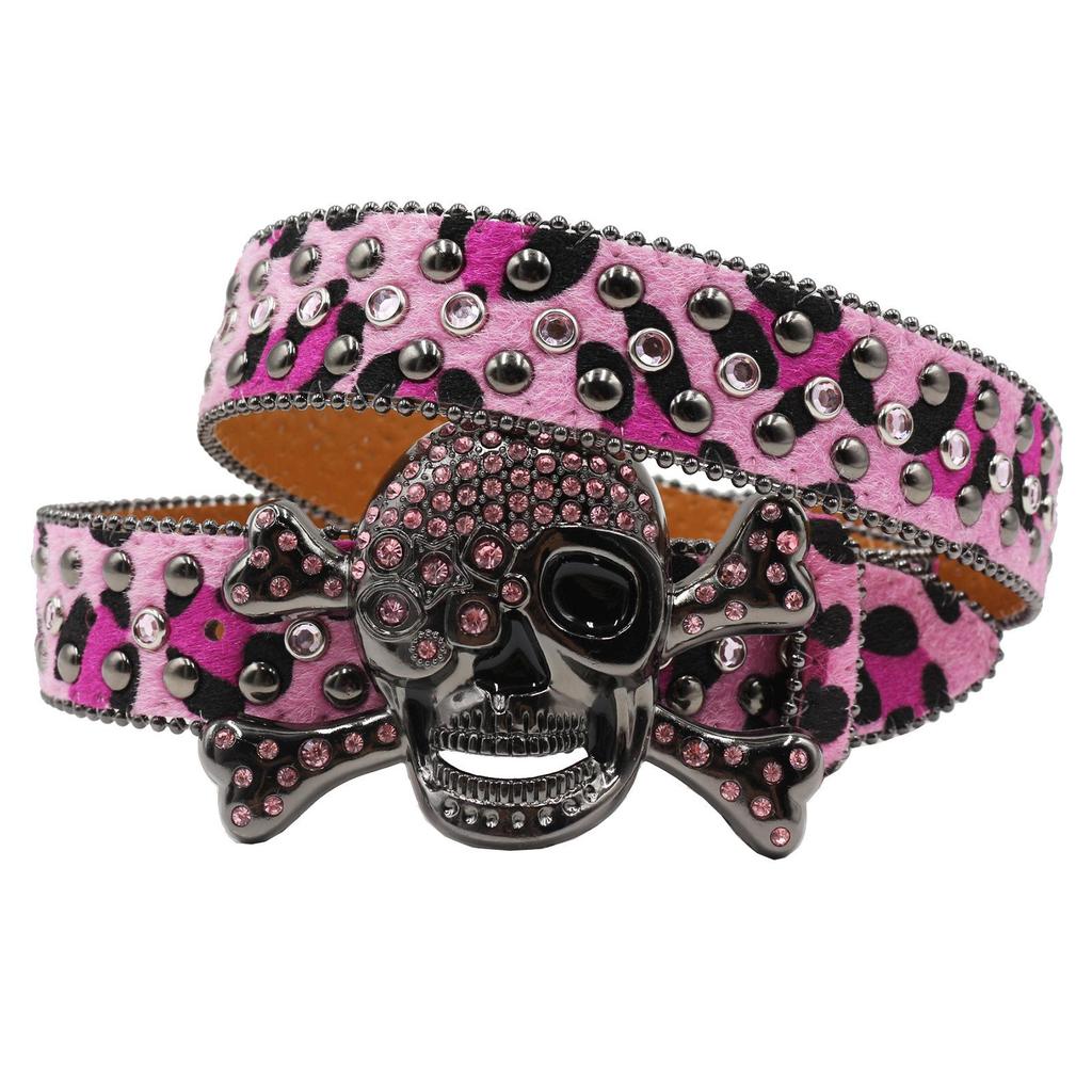Women’s Skull Leopard Print Rhinestone Belt - Dark Punk Style, Fully Inlaid with Diamonds