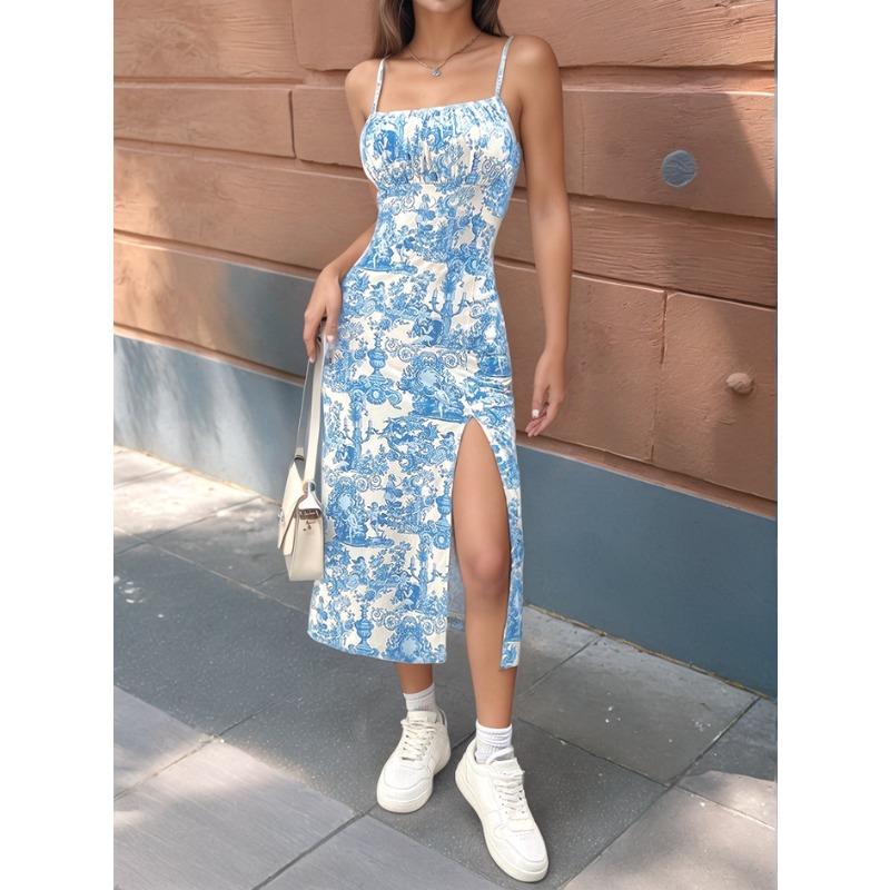 YYFS Damenmode Sommer Frühling Blumenmuster Druck Ärmellose Hosenträger Hohe Taille Freizeitkleider