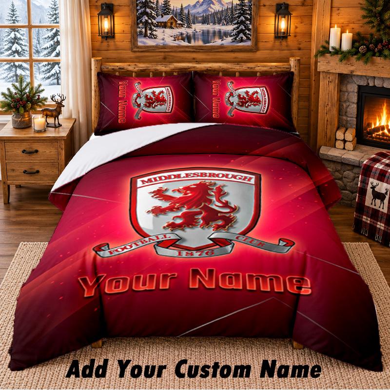 Middlesbrough FC Pattern Bedding 3Pcs Set Custom Name, Bed Sheet And Pillowcases For Home Bedroom