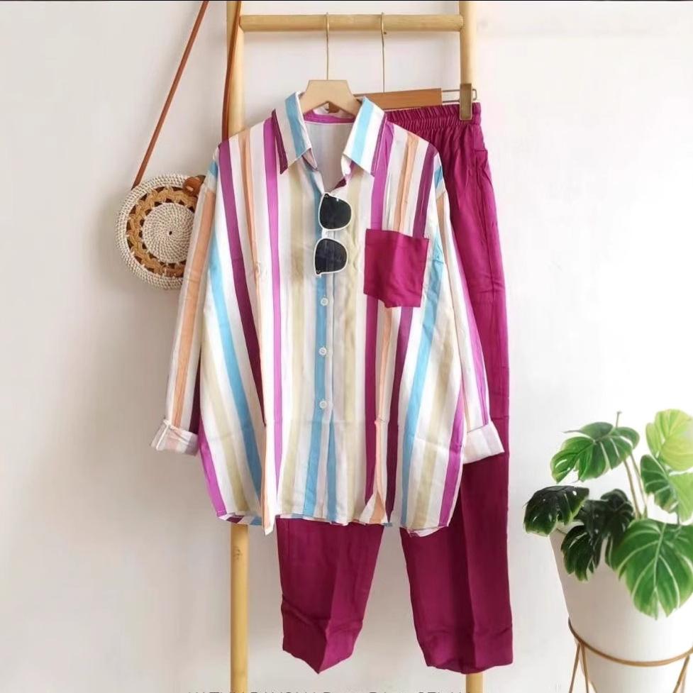 Damen Sommer Locker Übergröße Pendleranzug Gestreiftes Freizeithemd + Hose Dünnes Bequemes Zweiteiliges Set