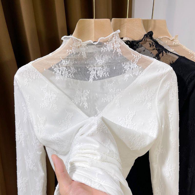 Women s High-Neck Fleece-Lined Lace Base Layer Top - Winter 2025 High-End Fashion M 80-100 lbs