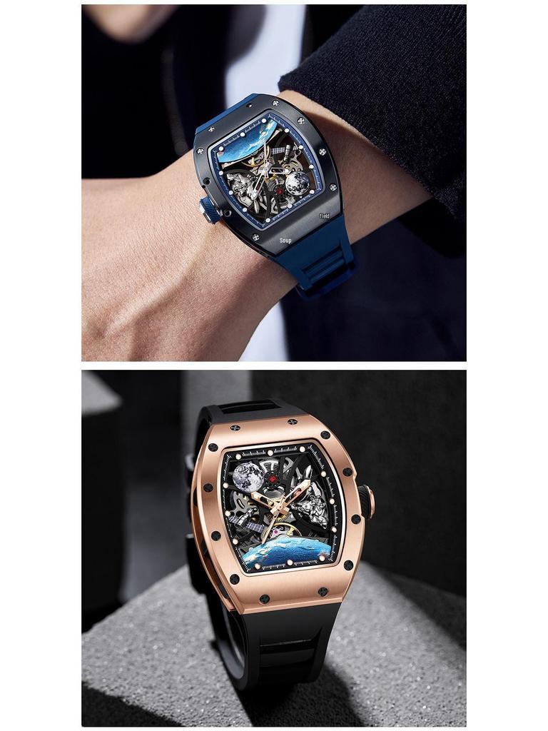 Brand Men's Tonneau-Shaped Mechanical Watch with Pin Buckle