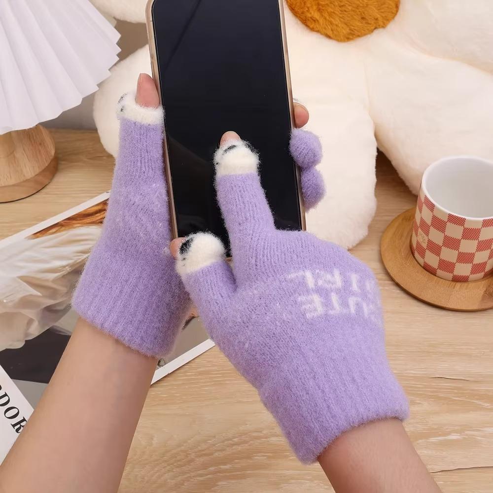 Fluffy Knitted Open Finger Gloves Panda Fingertip Touch Screen Gloves Women Men
