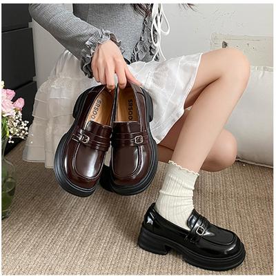 Brown Retro British Style Heightened Platform Small Leather Shoes Women'S French One-Pedal Loafers