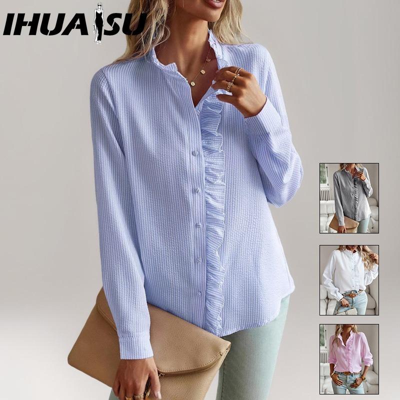 IHUASU Women's Fashion Casual Solid Color Print Long Sleeve Blouses & Shirts