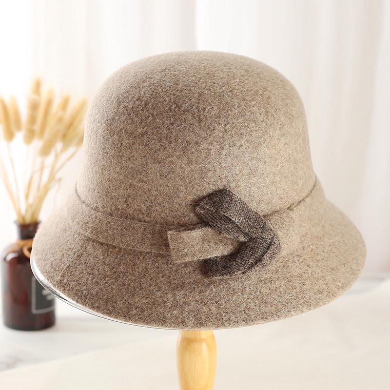 Nowy jesienno-zimowy kapelusz rybacki dla starszych kobiet, dekoracja z węzłem liściowym, damski brytyjski gruby ciepły wełniany kapelusz garnkowy