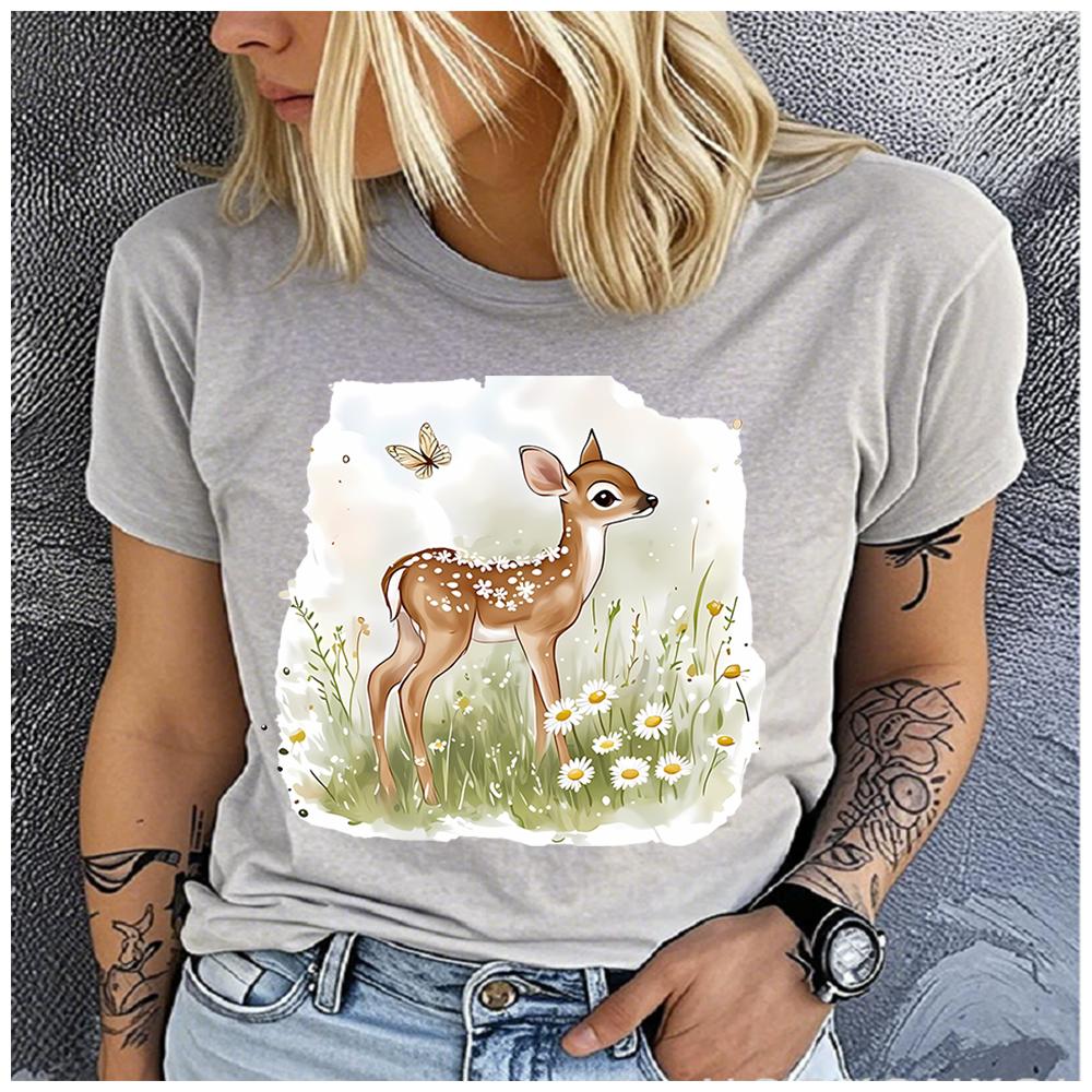 Unisex 100% Polyester Summer Top White-tailed deer fawn Print Loose round Neck Short Sleeve Fashion for Lovers S