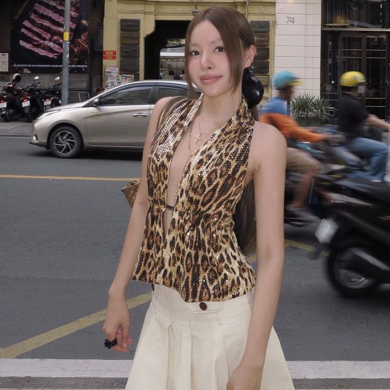 

Gusty Fashion Ins Style Leopard Print Sequin Halter Spaghetti Straps Vest Pure Desire Sexy Night Club Style Deep V-neck Backless Tops Brown S