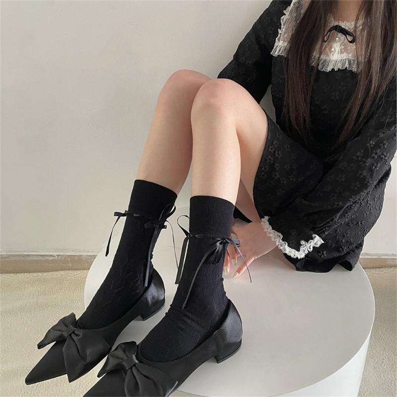 Summer Casual Ballet Style Sock Sweet Solid Color Bandage Cotton Bows Tie Hollows Stocking for Women Girl Summer