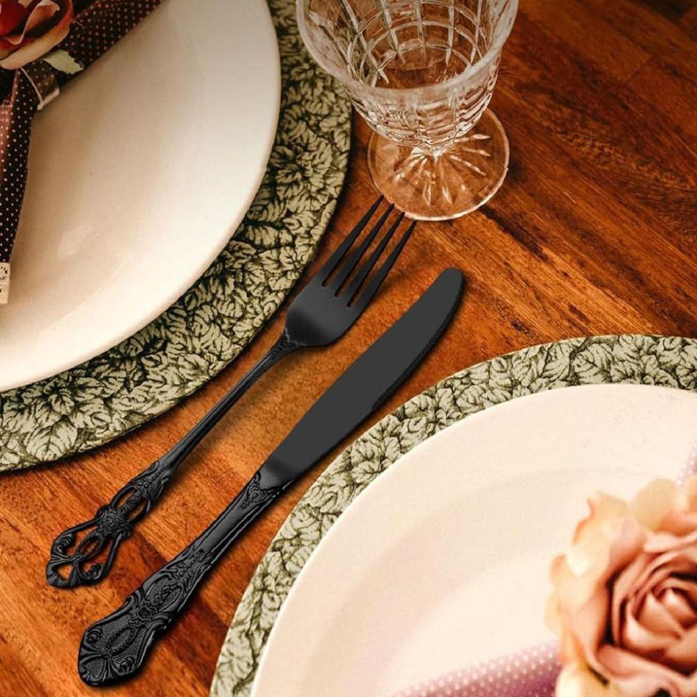 16Pcs Vintage Royal Court Cutlery Sets Embossed Design Stainless Steel Kitchen Flatware Set Smooth Edges Fork Spoon Set Dessert