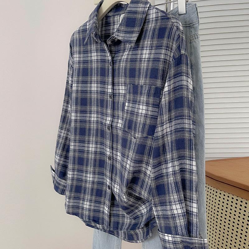 Plaid shirt women's spring and autumn new American loose trend fashion retro ruffian handsome design long-sleeved top jacket